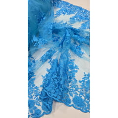 Tule Bordado com Bico Azul Turquesa Modelo 144