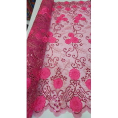 Tule Bordado com Bico Gipsy Pink com Fio Metálico