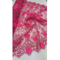 Tule Bordado com Bico Gipsy Pink com Fio Metálico