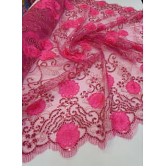 Tule Bordado com Bico Gipsy Pink com Fio Metálico