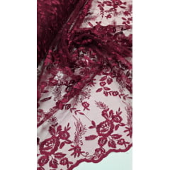 Tule Bordado com Bico Marsala Modelo 26