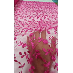 Tule Bordado com Bico Floral Pink