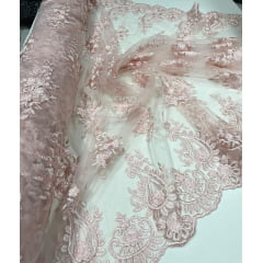 Tule Bordado com Bico Rosa Bebê 02