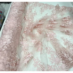 Tule Bordado com Bico Rosa Bebê 02