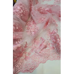 Tule Bordado Com Bico Rosa Bebê 03