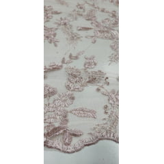 Tule Bordado com Bico Rosê Claro Modelo 26