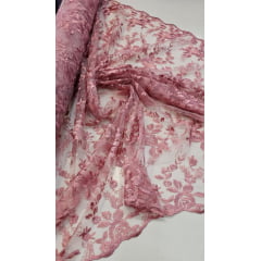 Tule Bordado com Bico Rosê Modelo 26
