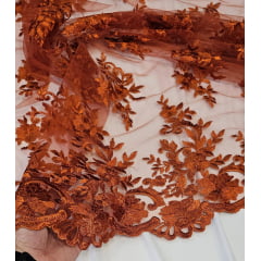 Tule Bordado com Bico Terracota 13 