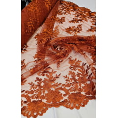 Tule Bordado com Bico Terracota 13 