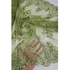 Tule Bordado com Bico Verde Oliva LS2321D15 