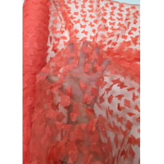 Tule Bordado com Borboletas em 3D Laranja