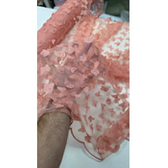 Tule Bordado com Borboletas em 3D Rosê