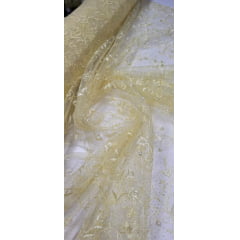 Tule Bordado com Pérolas e Glitter Turim Amarelo Modelo 06