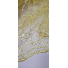 Tule Bordado com Pérolas e Glitter Turim Amarelo Modelo 06