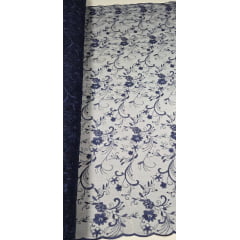 Tule Bordado com Pérolas e Glitter Turim Azul Marinho Modelo 03