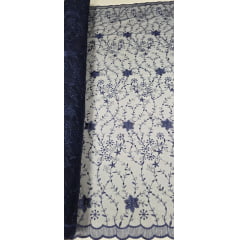 Tule Bordado com Pérolas e Glitter Turim Azul Marinho Modelo 05