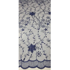 Tule Bordado com Pérolas e Glitter Turim Azul Marinho Modelo 05