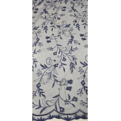 Tule Bordado com Pérolas e Glitter Turim Azul Marinho Modelo 06