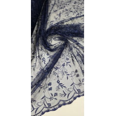 Tule Bordado com Pérolas e Glitter Turim Azul Marinho Modelo 06