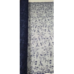 Tule Bordado com Pérolas e Glitter Turim Azul Marinho Modelo 06