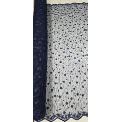 Tule Bordado com Pérolas e Glitter Turim Azul Marinho Modelo 07