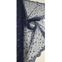 Tule Bordado com Pérolas e Glitter Turim Azul Marinho Modelo 07