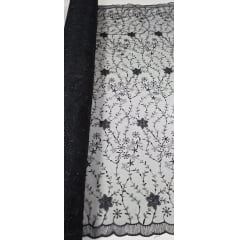 Tule Bordado com Pérolas e Glitter Turim Preto Modelo 05