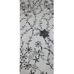 Tule Bordado com Pérolas e Glitter Turim Preto Modelo 05