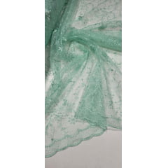 Tule Bordado com Pérolas e Glitter Turim Verde Água Modelo 05 Tule Bordado com Pérolas e Glitter Turim Verde Água Modelo 05