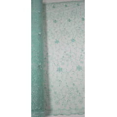 Tule Bordado com Pérolas e Glitter Turim Verde Água Modelo 05