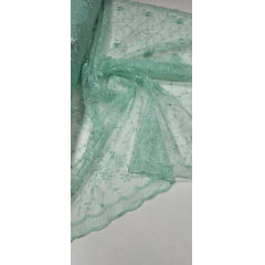 Tule Bordado com Pérolas e Glitter Turim Verde Água Modelo 05