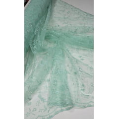 Tule Bordado com Pérolas e Glitter Turim Verde Água Modelo 06 Tule Bordado com Pérolas e Glitter Turim Verde Água Modelo 06