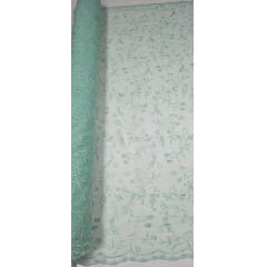 Tule Bordado com Pérolas e Glitter Turim Verde Água Modelo 06