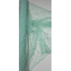 Tule Bordado com Pérolas e Glitter Turim Verde Água Modelo 06