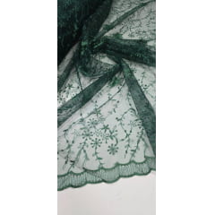 Tule Bordado com Pérolas e Glitter Turim Verde Floresta Modelo 05