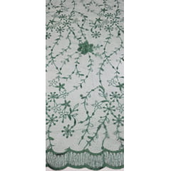 Tule Bordado com Pérolas e Glitter Turim Verde Floresta Modelo 05