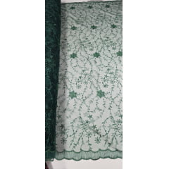 Tule Bordado com Pérolas e Glitter Turim Verde Floresta Modelo 05