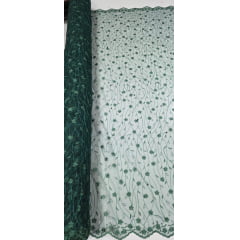 Tule Bordado com Pérolas e Glitter Turim Verde Floresta Modelo 07