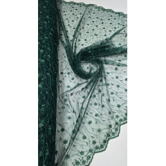 Tule Bordado com Pérolas e Glitter Turim Verde Floresta Modelo 07