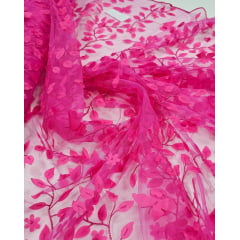 Tule Bordado Floral com Borboletas Pink