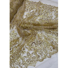 Tule Arabesco com Glitter e Paetê Dourado 306LX