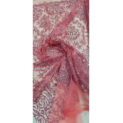 Tule Arabesco com Glitter e Paetê Goiaba 306LX 