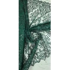 Tule Arabesco com Glitter e Paetê Verde Esmeralda 306LX