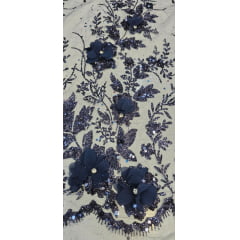 Tule Bordado com Glitter  3D Azul Marinho ST3853   