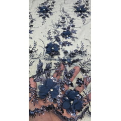 Tule Bordado com Glitter  3D Azul Marinho ST3853   