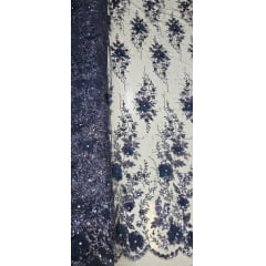 Tule Bordado com Glitter  3D Azul Marinho ST3853   