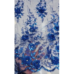 Tule Bordado com Glitter  3D Azul Royal ST3853  