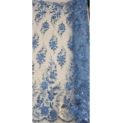 Tule Bordado com Glitter  3D Azul Serenity ST3853  