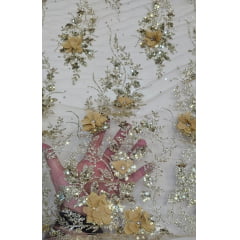 Tule Bordado com Glitter  3D Dourado ST3853  