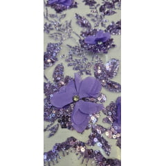Tule Bordado com Glitter  3D Lilás  ST3853   